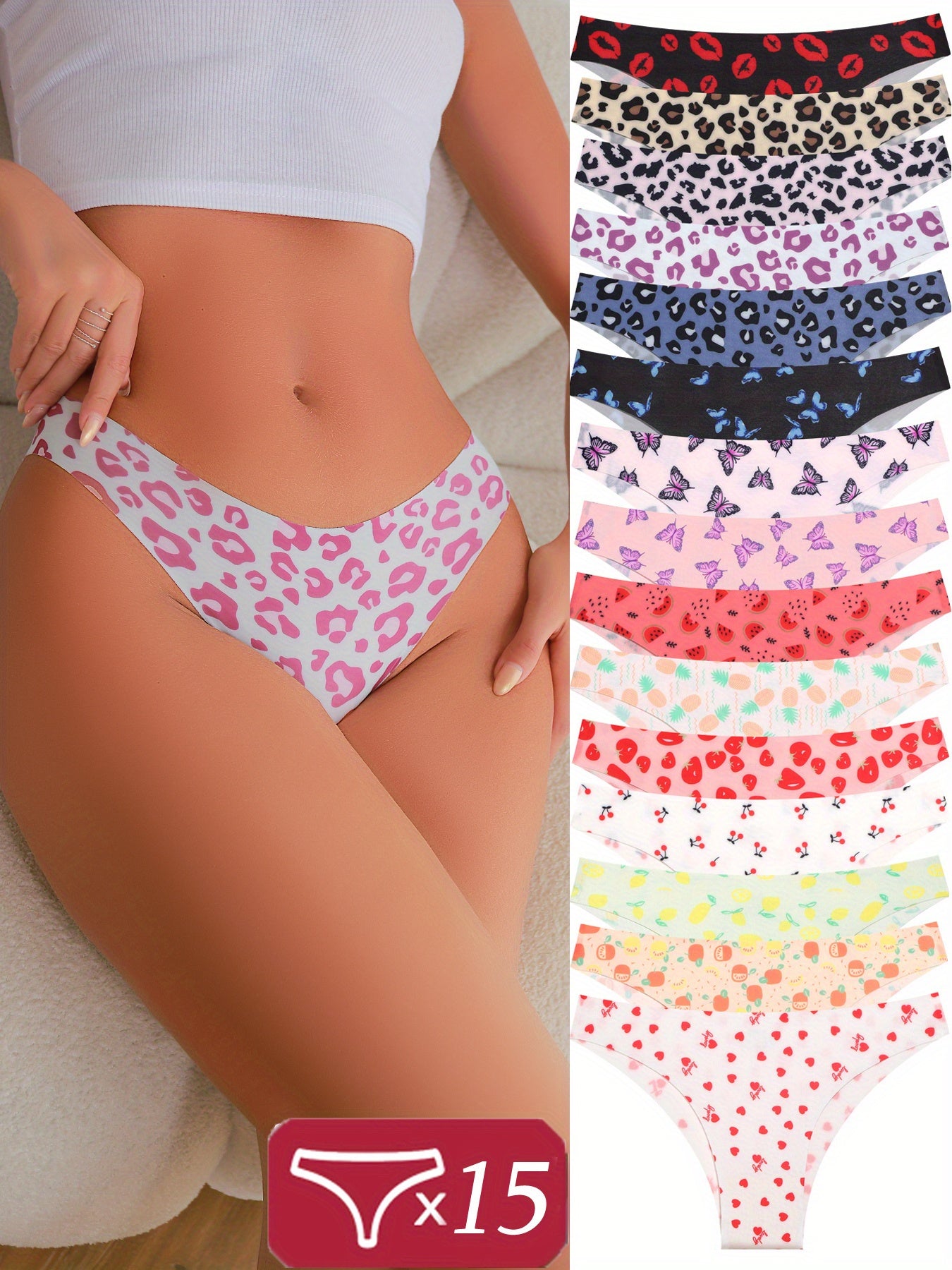 15pcs Printed Panties, Seamless Panties, Breathable Underwear, Leopard Print